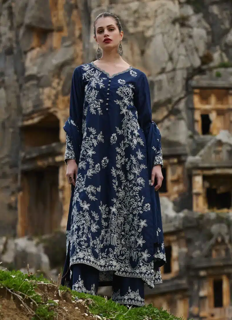 Image | Lawnkari 25 Collection | Navy Blue | Unstitched | Festive wear | Yara- D11 | 3 pc set.