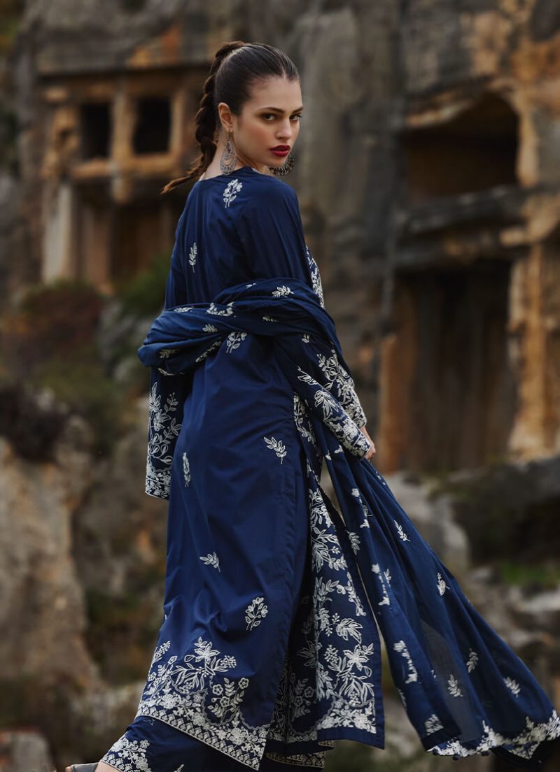 Image | Lawnkari 25 Collection | Navy Blue | Unstitched | Festive wear | Yara- D11 | 3 pc set. - Image 4