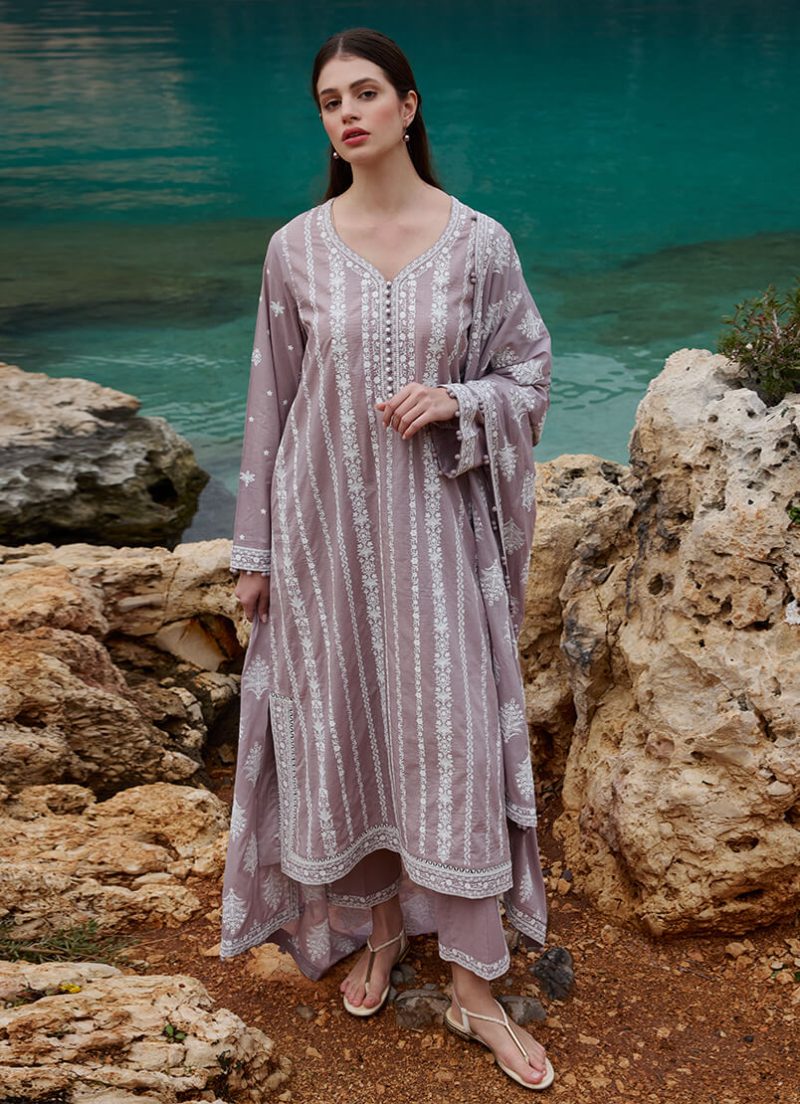 Image | Lawnkari 25 Collection | Dull Mauve | Unstitched | Festive wear | Hazel- D12 | 3 pc set.