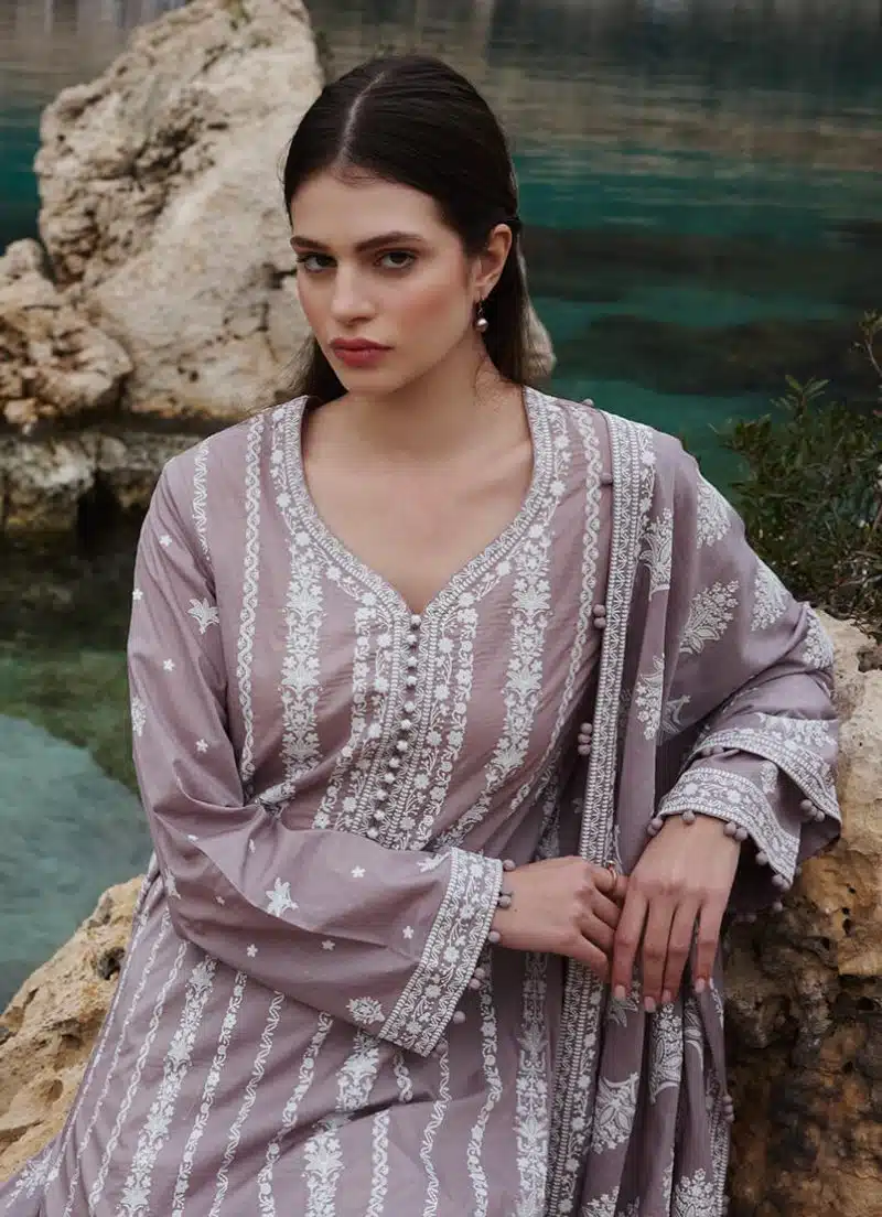 Image | Lawnkari 25 Collection | Dull Mauve | Unstitched | Festive wear | Hazel- D12 | 3 pc set. - Image 2
