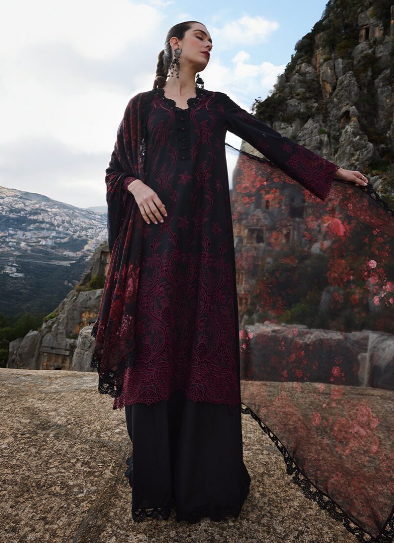 Image | Lawnkari 25 Collection | Black | Unstitched | Festive wear | Zamiya- D14 | 3 pc set.