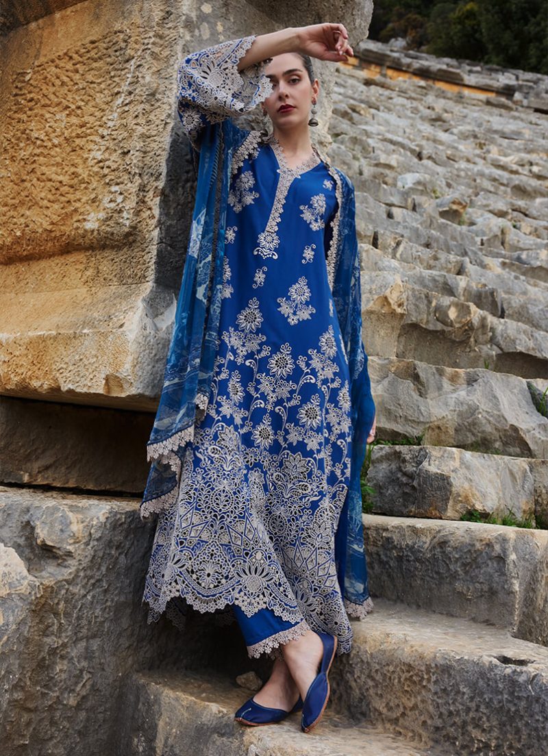 Image | Lawnkari 25 Collection | Navy | Unstitched | Festive wear | Qarba- D17 | 3 pc set.