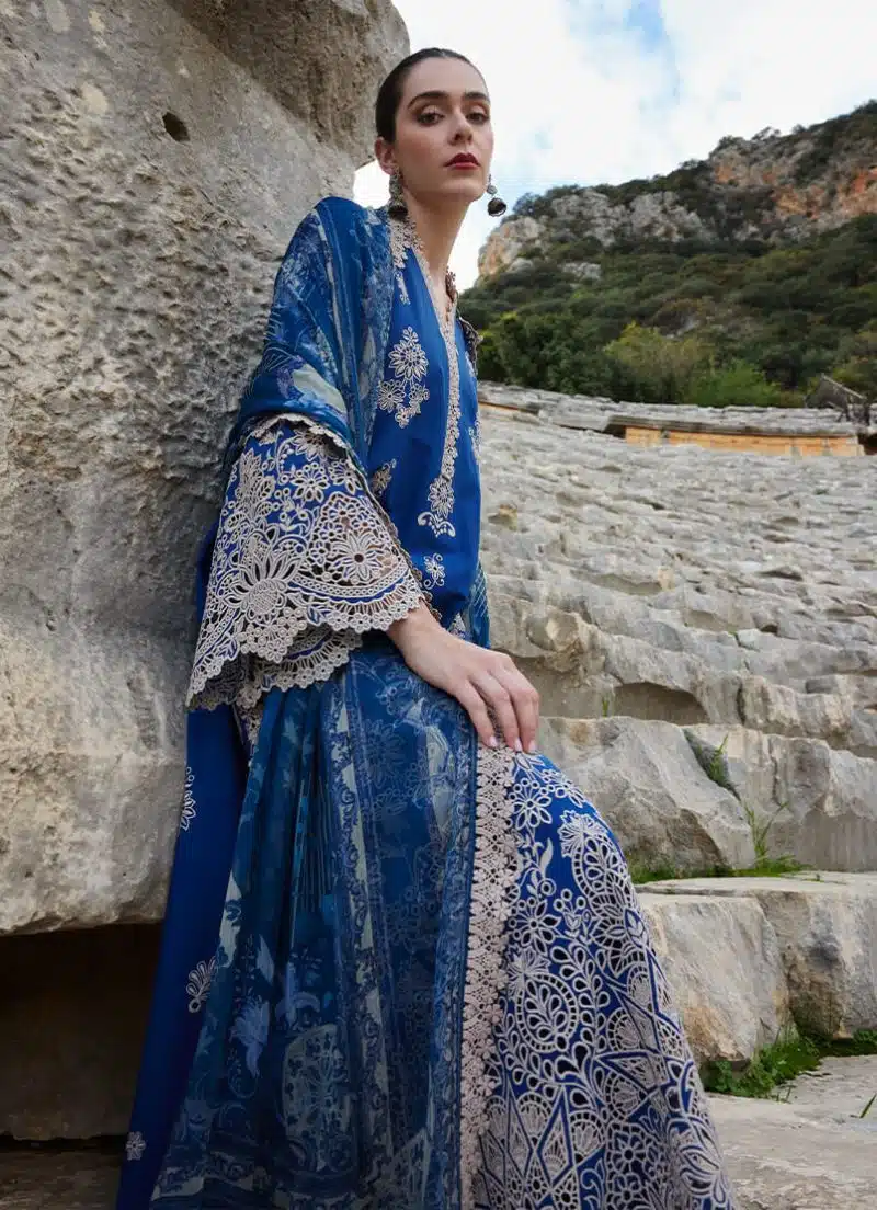 Image | Lawnkari 25 Collection | Navy | Unstitched | Festive wear | Qarba- D17 | 3 pc set. - Image 2