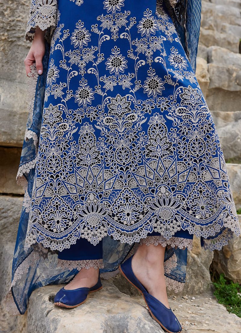 Image | Lawnkari 25 Collection | Navy | Unstitched | Festive wear | Qarba- D17 | 3 pc set. - Image 3