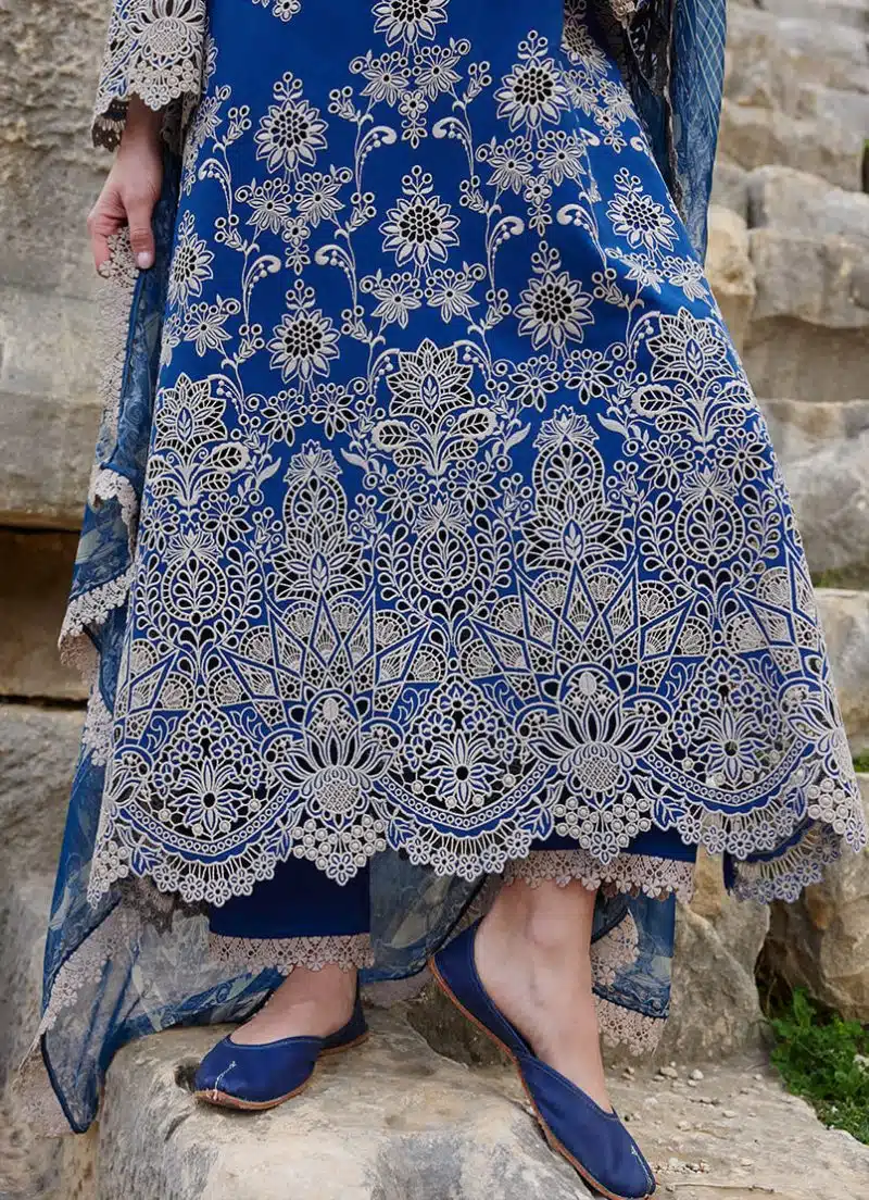 Image | Lawnkari 25 Collection | Navy | Unstitched | Festive wear | Qarba- D17 | 3 pc set. - Image 3