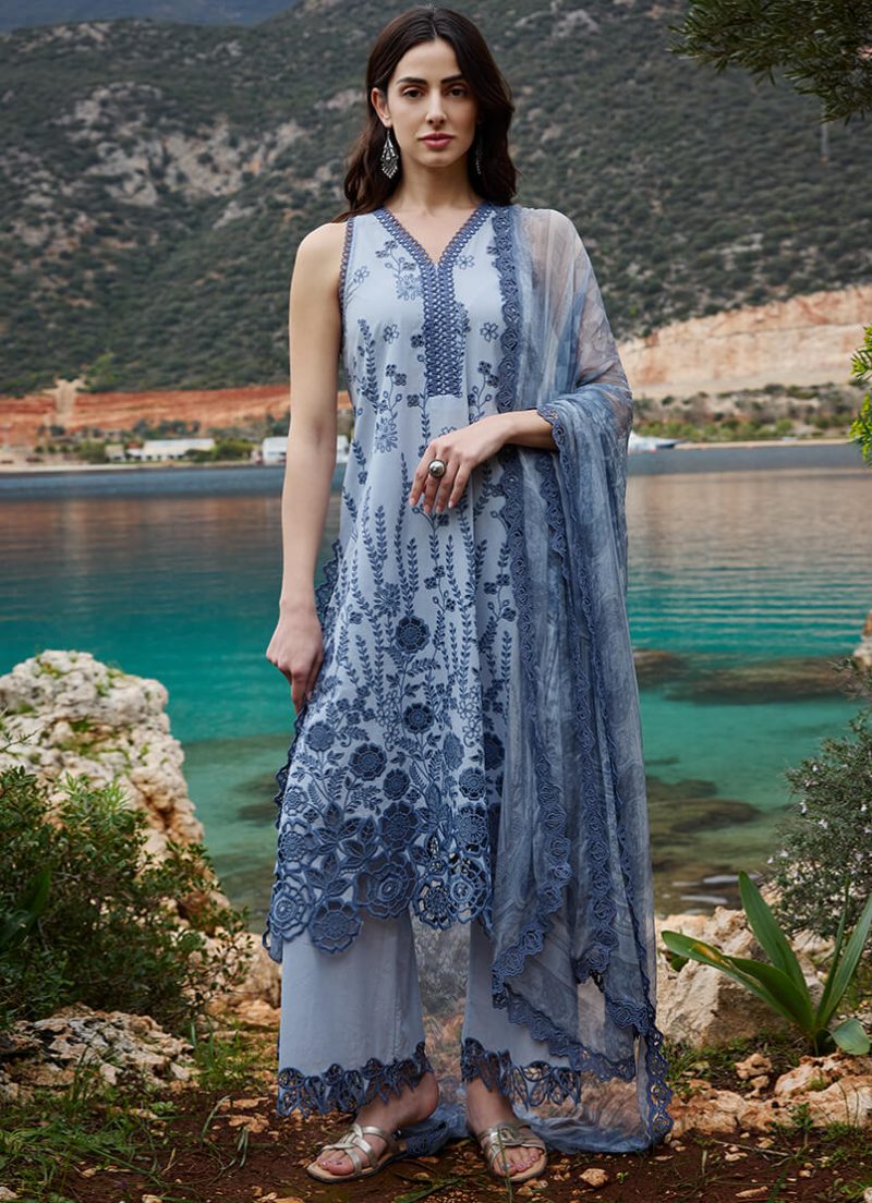Image | Lawnkari 25 Collection | Blue | Unstitched | Festive wear | Zayna- D18 | 3 pc set. - Image 4