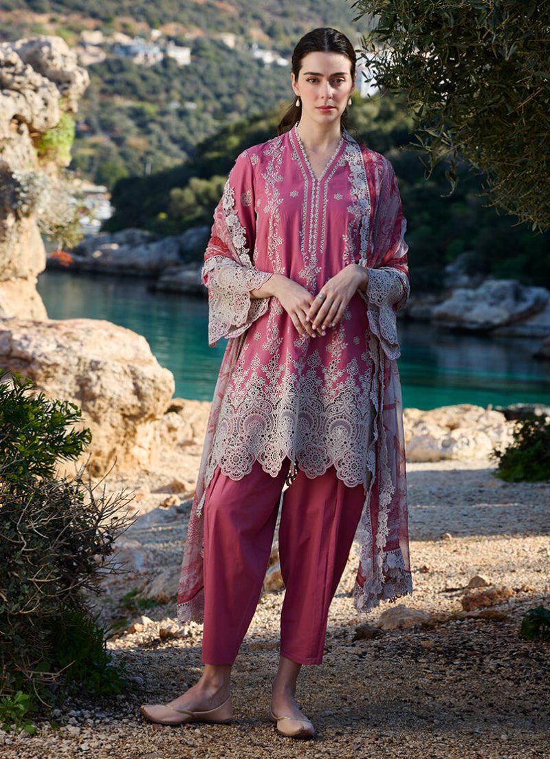 Image | Lawnkari 25 Collection | Garnet Pink | Unstitched | Festive wear | Iris- D23 | 3 pc set.