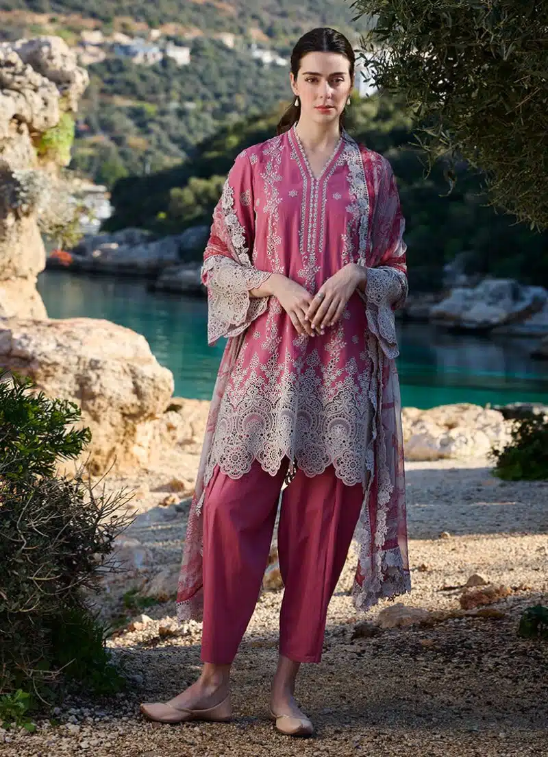 Image | Lawnkari 25 Collection | Garnet Pink | Unstitched | Festive wear | Iris- D23 | 3 pc set.
