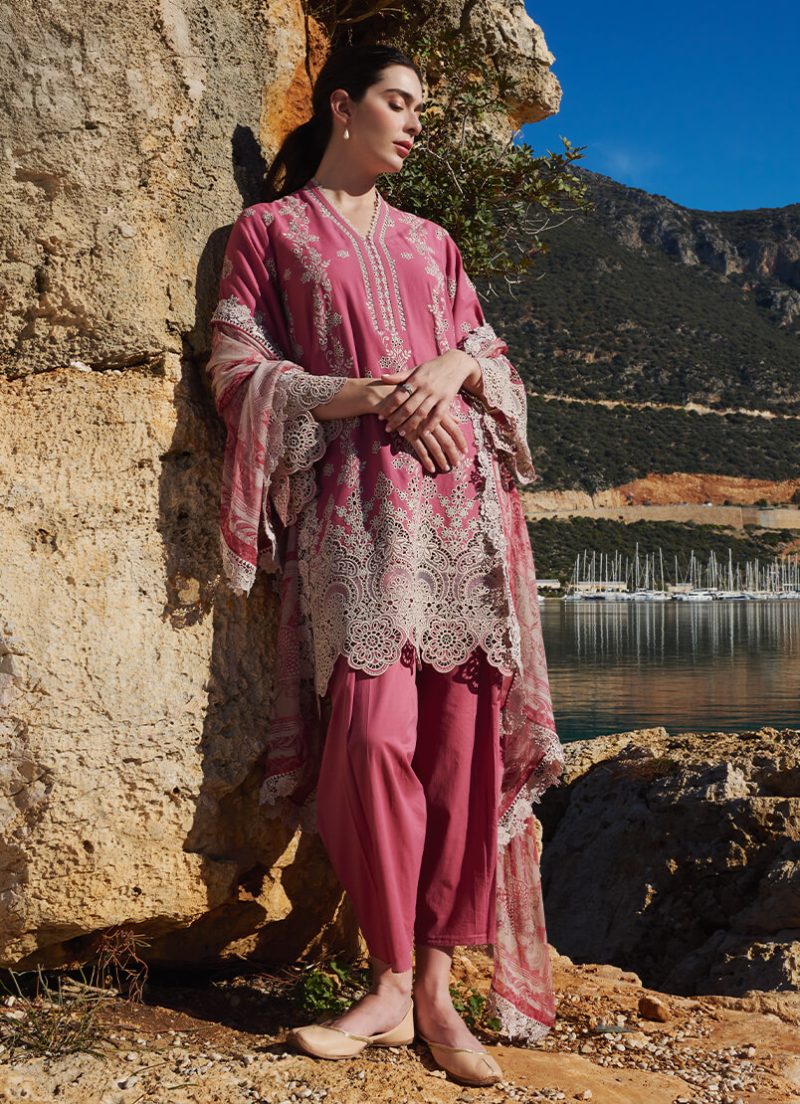 Image | Lawnkari 25 Collection | Garnet Pink | Unstitched | Festive wear | Iris- D23 | 3 pc set. - Image 2