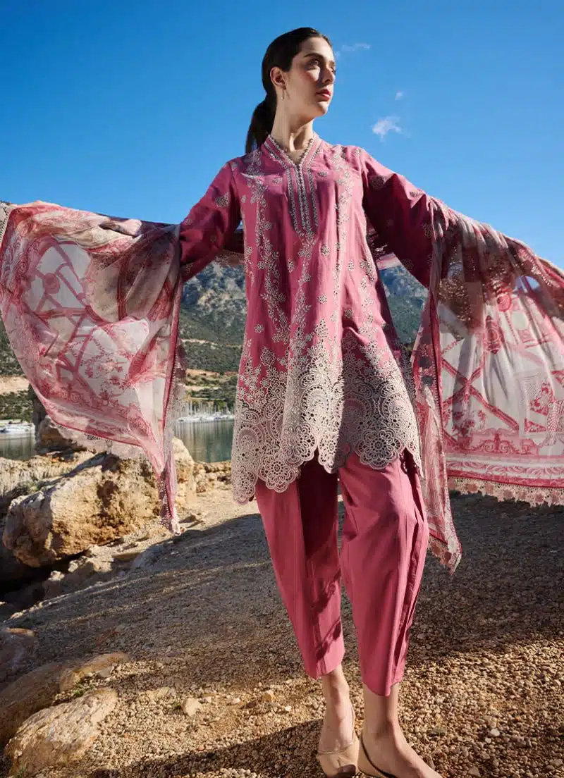 Image | Lawnkari 25 Collection | Garnet Pink | Unstitched | Festive wear | Iris- D23 | 3 pc set. - Image 3