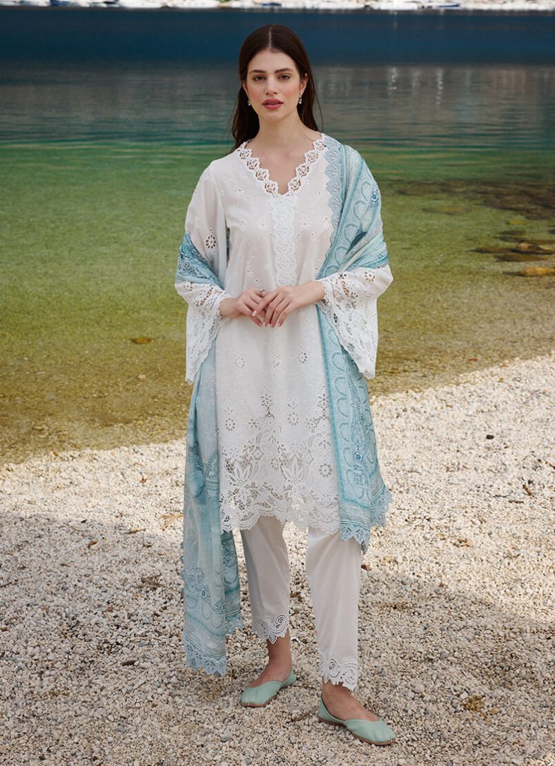 Image | Lawnkari 25 Collection | Milky White | Unstitched | Festive wear | Elif- D25 | 3 pc set.