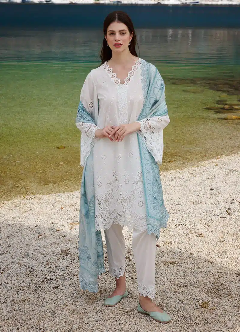 Image | Lawnkari 25 Collection | Milky White | Unstitched | Festive wear | Elif- D25 | 3 pc set.