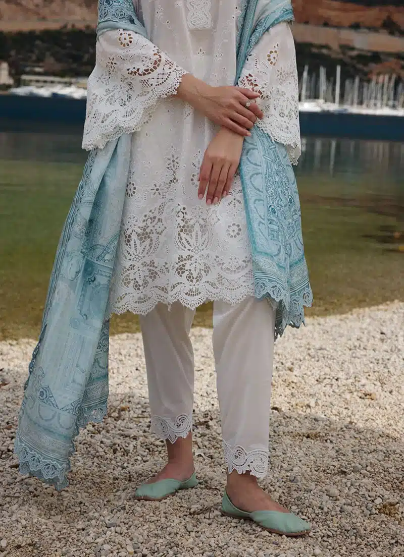 Image | Lawnkari 25 Collection | Milky White | Unstitched | Festive wear | Elif- D25 | 3 pc set. - Image 2