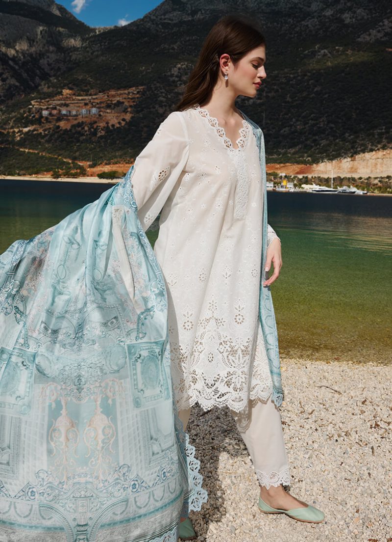 Image | Lawnkari 25 Collection | Milky White | Unstitched | Festive wear | Elif- D25 | 3 pc set. - Image 3