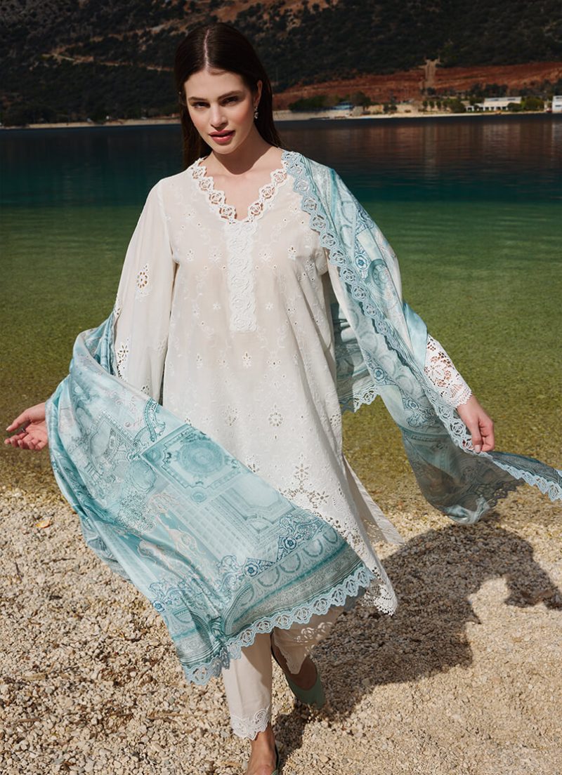 Image | Lawnkari 25 Collection | Milky White | Unstitched | Festive wear | Elif- D25 | 3 pc set. - Image 4