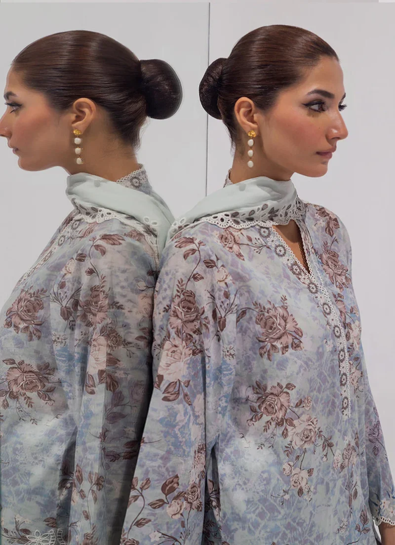 Image | Spring Basics '25 Collection | Embroidered Printed Suits | Cotton and Chiffon | Light Blue | Stitched | 3 Pc - Image 2