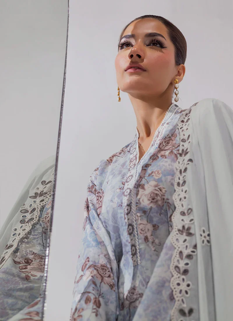 Image | Spring Basics '25 Collection | Embroidered Printed Suits | Cotton and Chiffon | Light Blue | Stitched | 3 Pc - Image 3