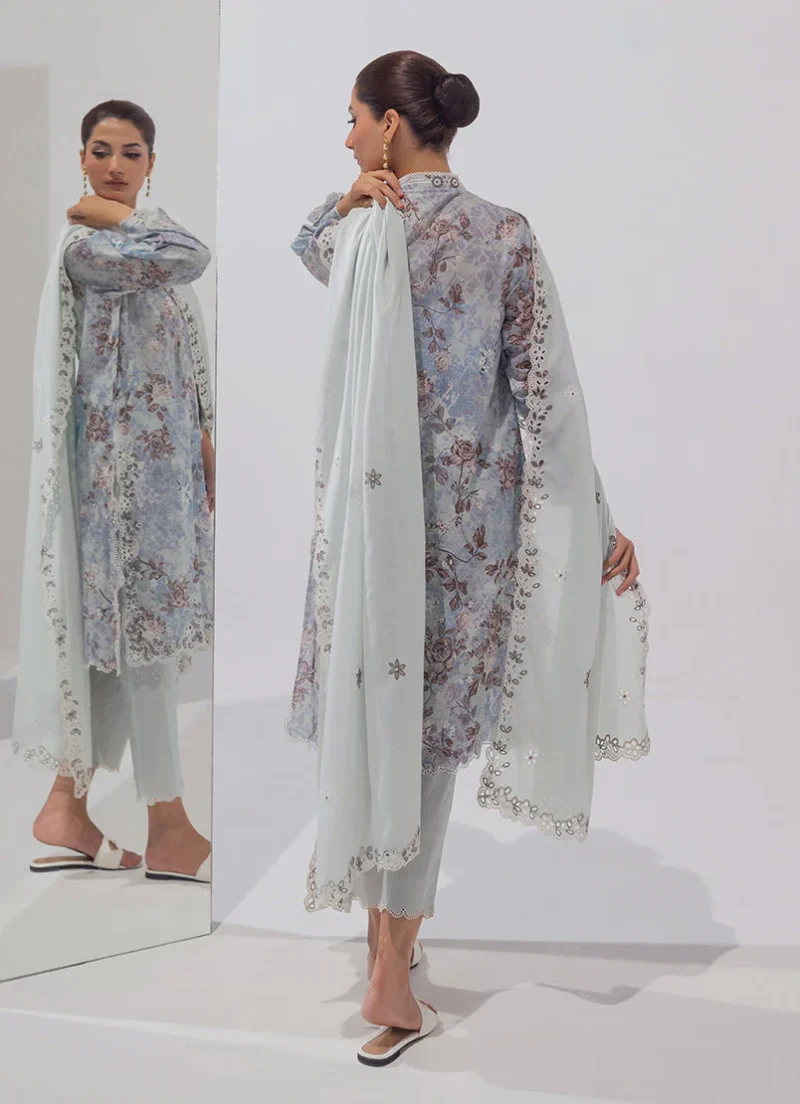Image | Spring Basics '25 Collection | Embroidered Printed Suits | Cotton and Chiffon | Light Blue | Stitched | 3 Pc - Image 4