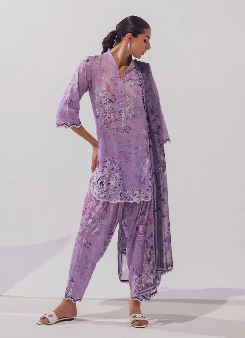 Image | Spring Basics '25 Collection | Embroidered Printed Suits | Cotton and Chiffon | Purple | Stitched | 3 Pc