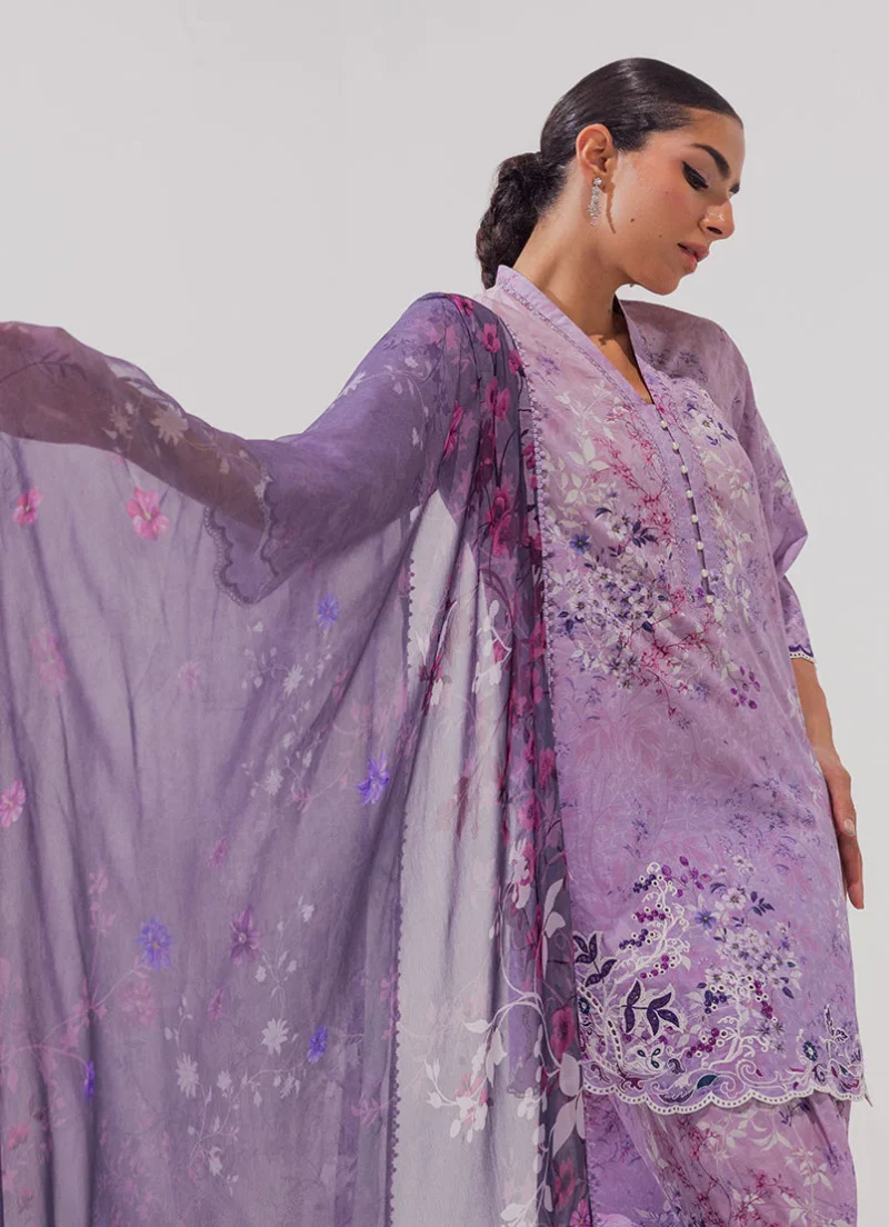 Image | Spring Basics '25 Collection | Embroidered Printed Suits | Cotton and Chiffon | Purple | Stitched | 3 Pc - Image 2