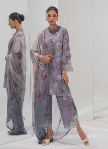 Image | Spring Basics ’25 Collection | Embroidered Printed Suits | Cotton and Chiffon | Grey | Stitched | 3 Pc