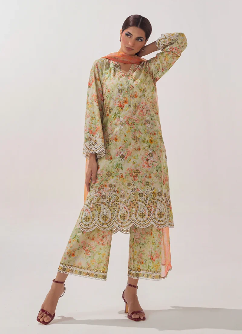 Image | Spring Collection | Light Green | Embroidered+printed Suit | 3 Pc - Image 2