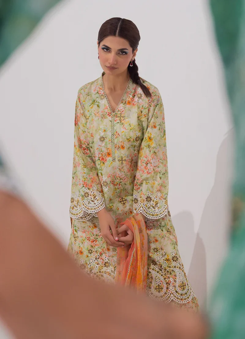 Image | Spring Collection | Light Green | Embroidered+printed Suit | 3 Pc - Image 3