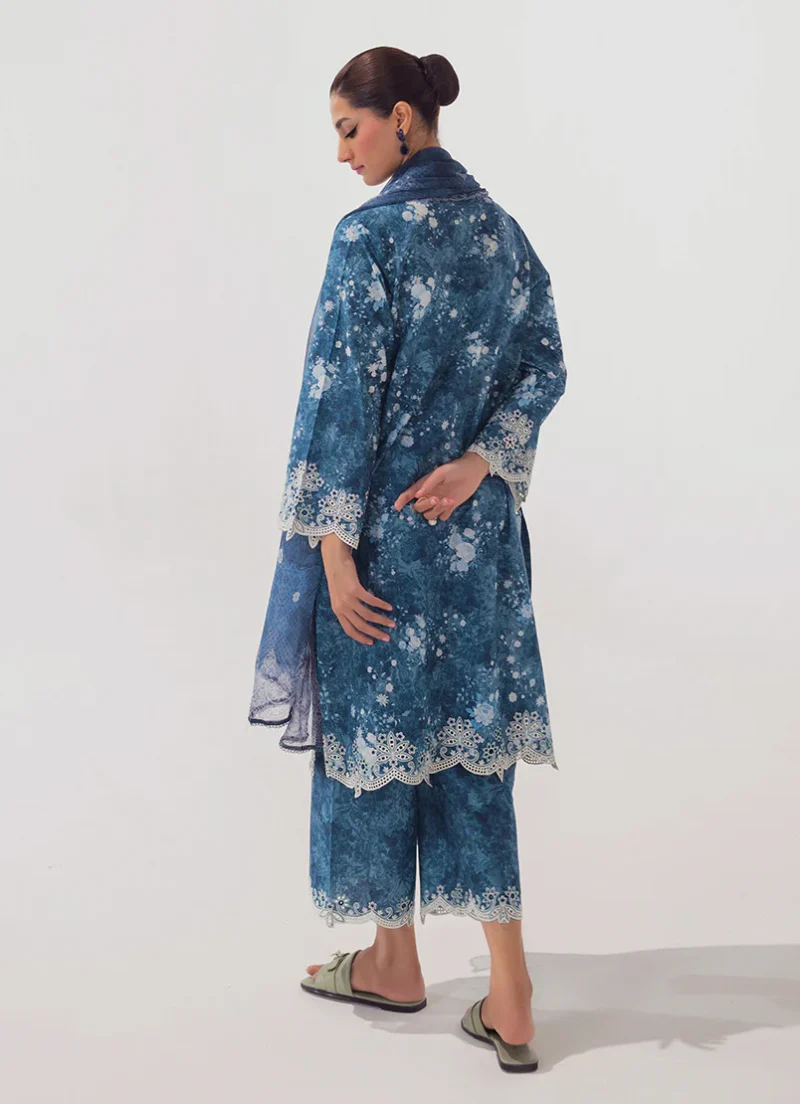 Image | Spring Collection | Blue | Embroidered+printed Suit | 3 Pc - Image 2