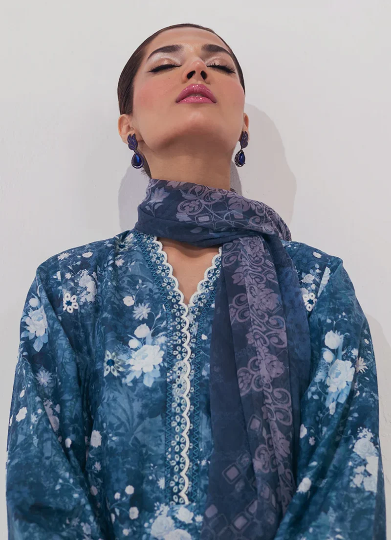 Image | Spring Collection | Blue | Embroidered+printed Suit | 3 Pc - Image 3