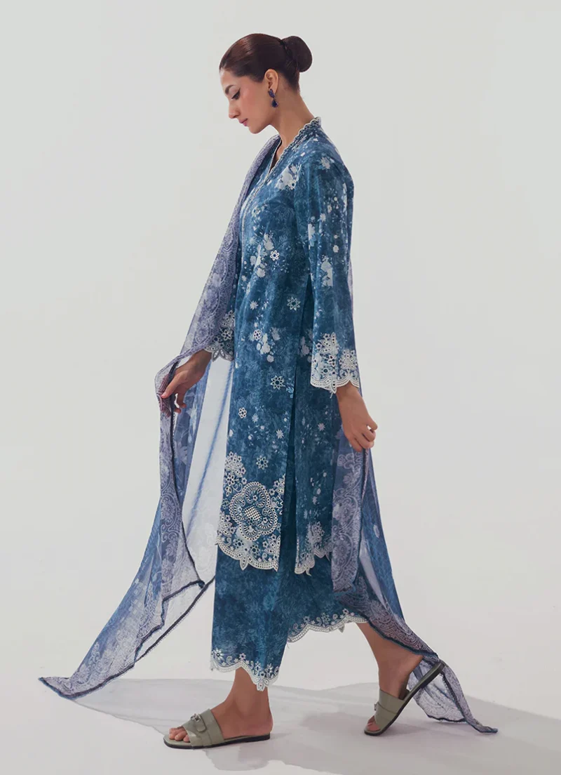 Image | Spring Collection | Blue | Embroidered+printed Suit | 3 Pc - Image 4