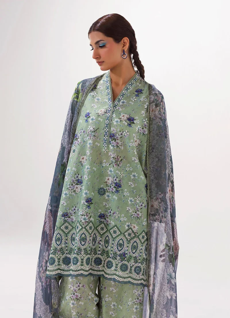Image | Spring Collection | Green | Embroidered+printed Suit | 3 Pc - Image 2