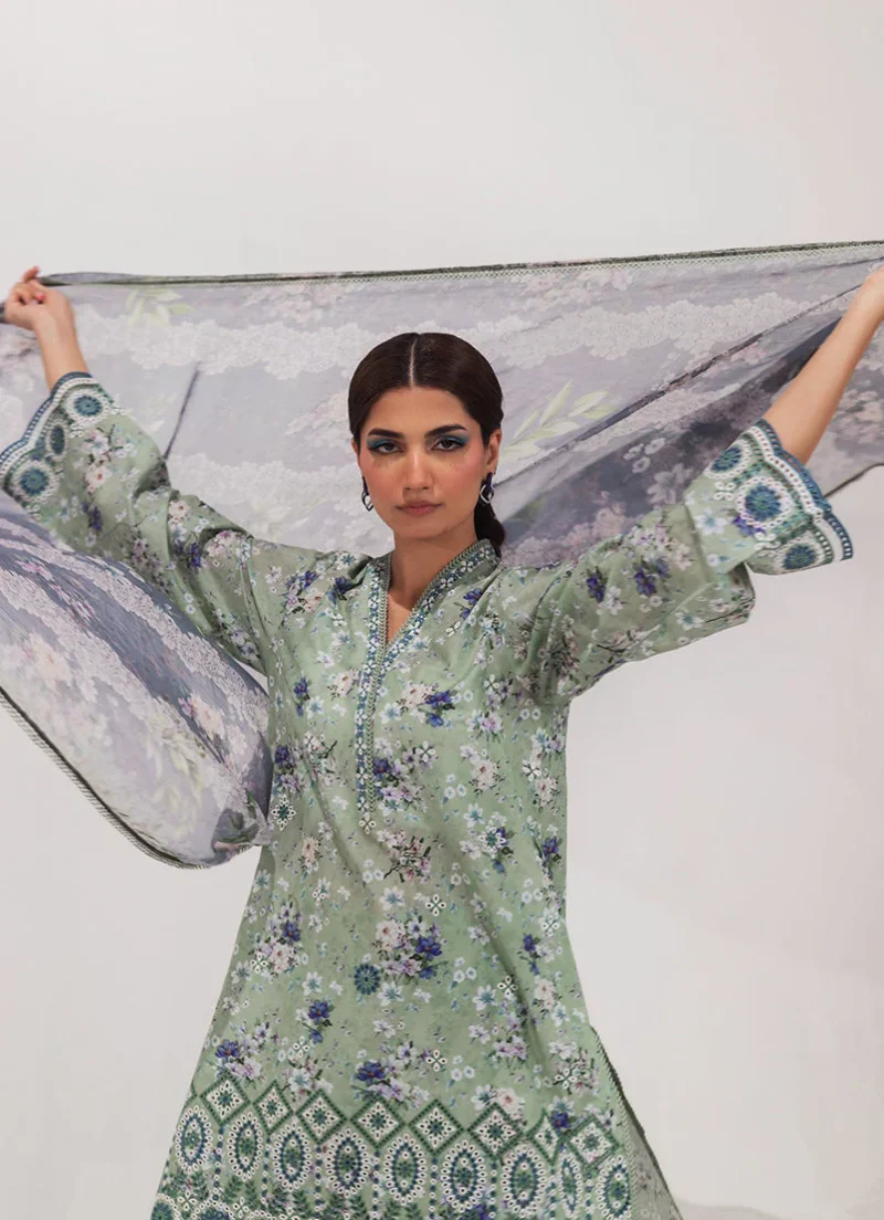 Image | Spring Collection | Green | Embroidered+printed Suit | 3 Pc - Image 3