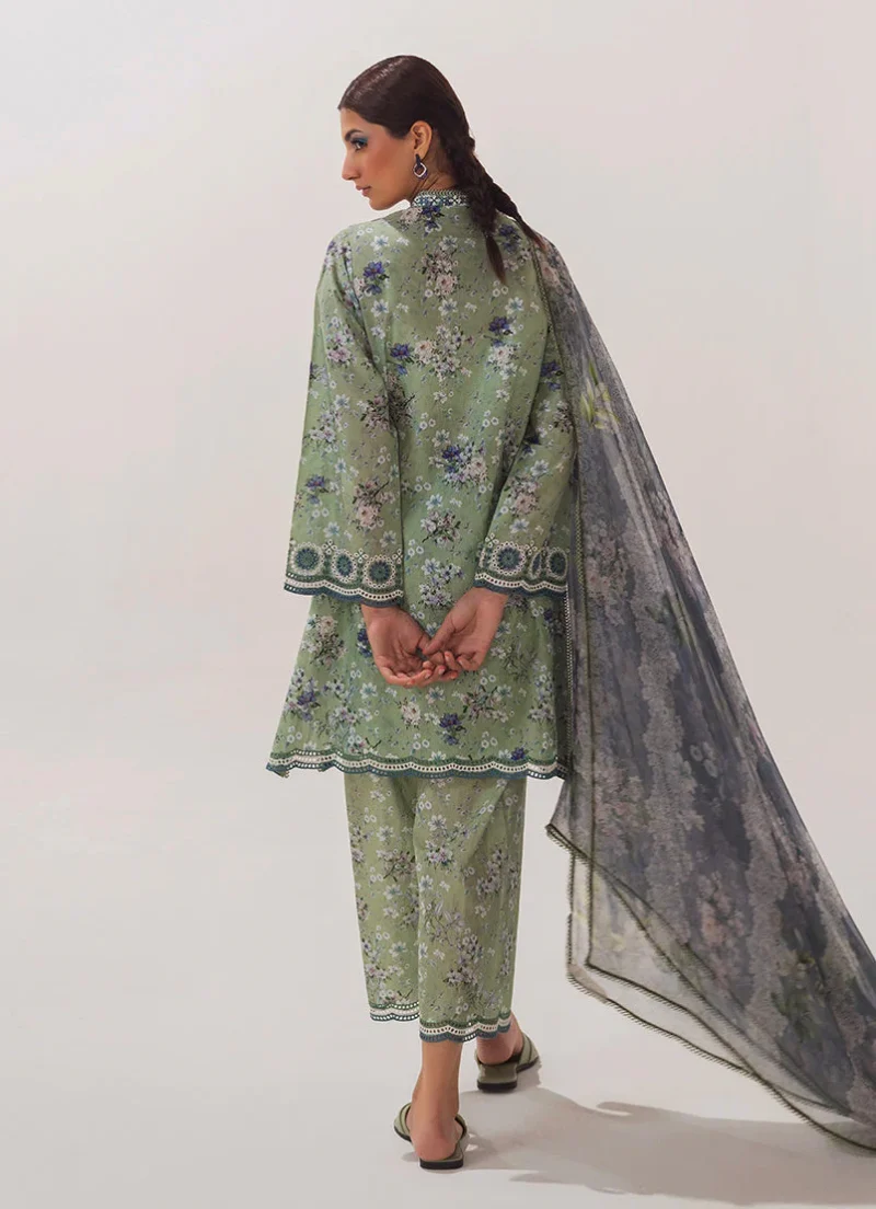 Image | Spring Collection | Green | Embroidered+printed Suit | 3 Pc - Image 4