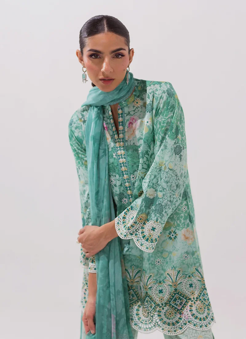 Image | Spring Collection | Sea Green | Embroidered+printed Suit | 3 Pc - Image 2