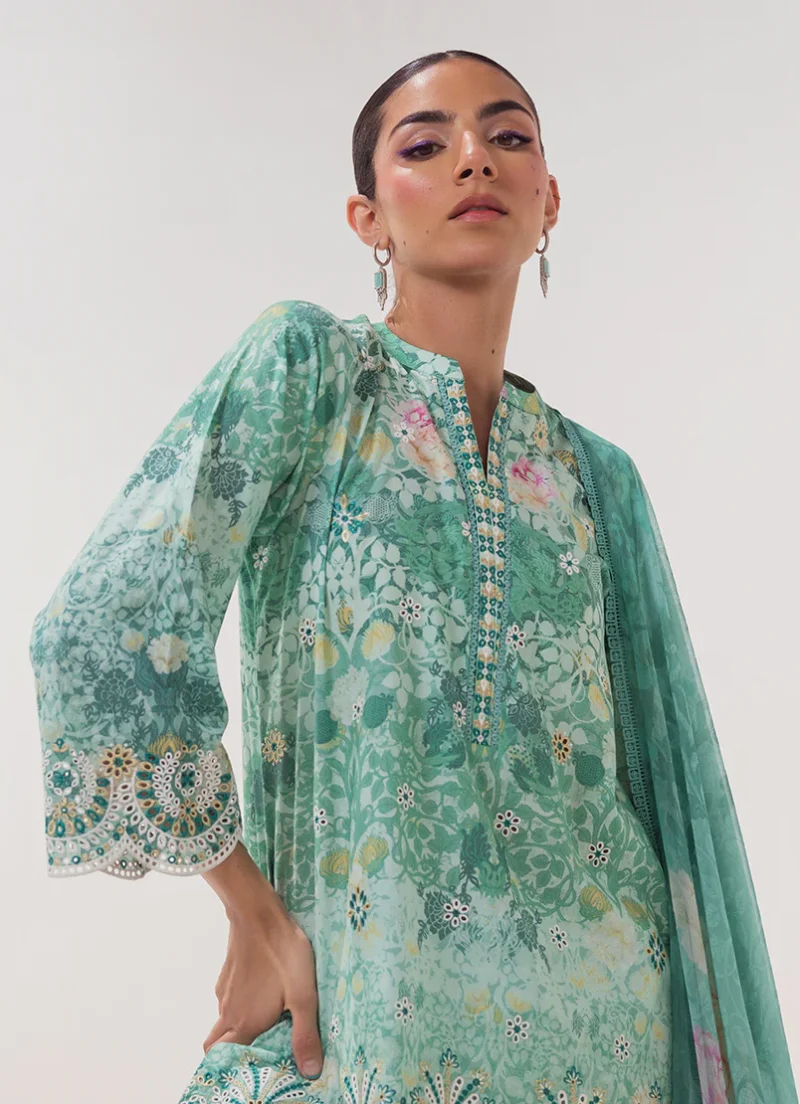 Image | Spring Collection | Sea Green | Embroidered+printed Suit | 3 Pc - Image 3