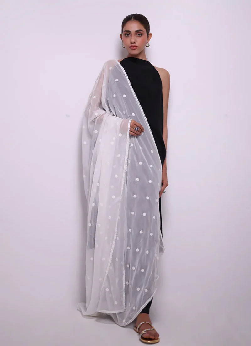 Image | Spring Pret '24 | Embroidered Lace Dupatta | Chiffon | White | 1 pc | IDCH-213327. - Image 4