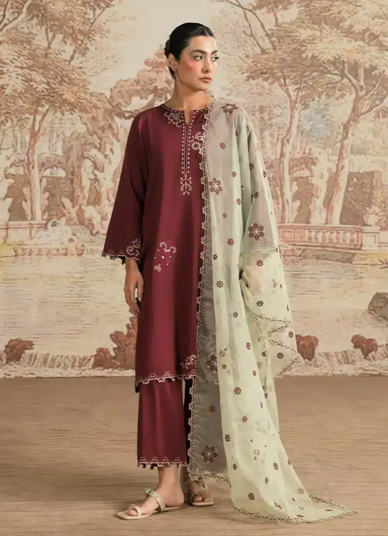 Image | Spring Pret '25 | Cotton Satin | Wine | Luxury Embroidered Suit | 3 pc