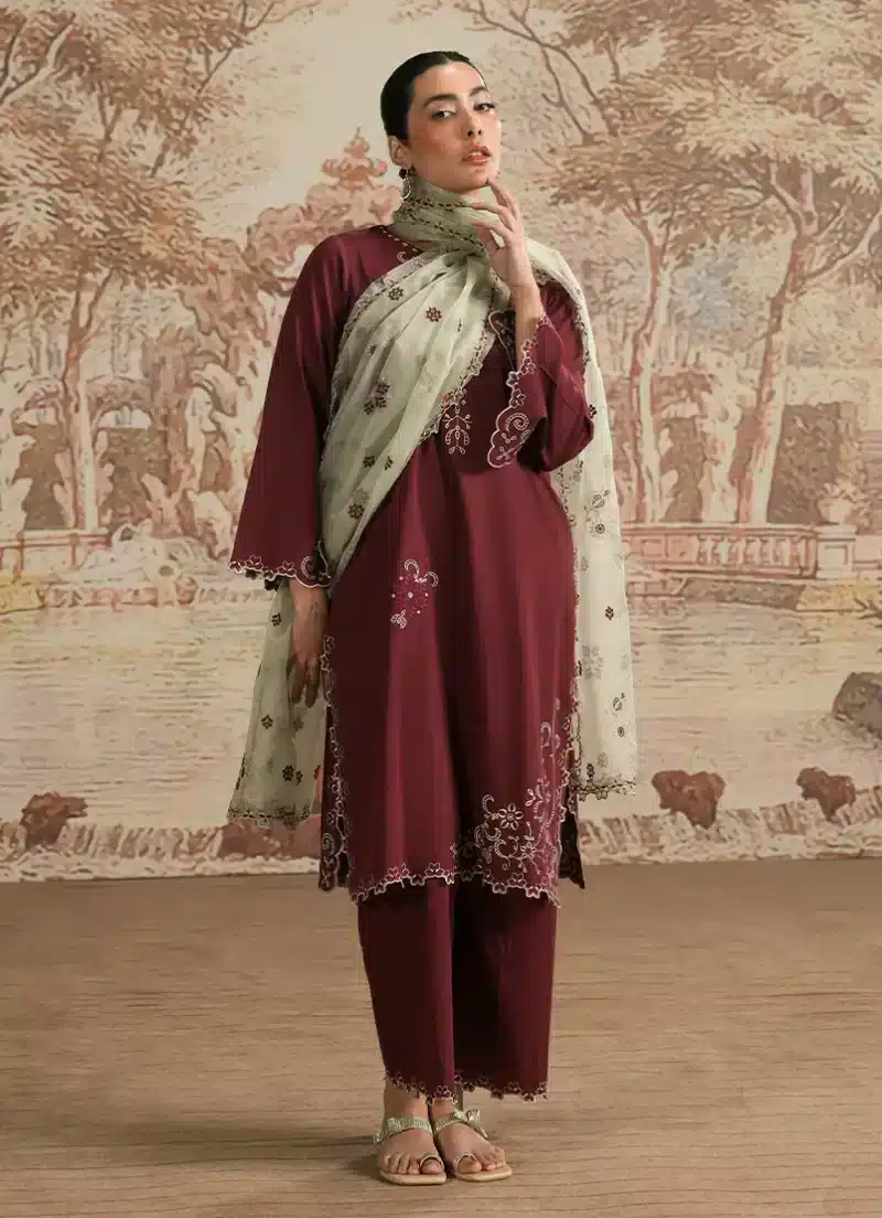 Image | Spring Pret '25 | Cotton Satin | Wine | Luxury Embroidered Suit | 3 pc - Image 2