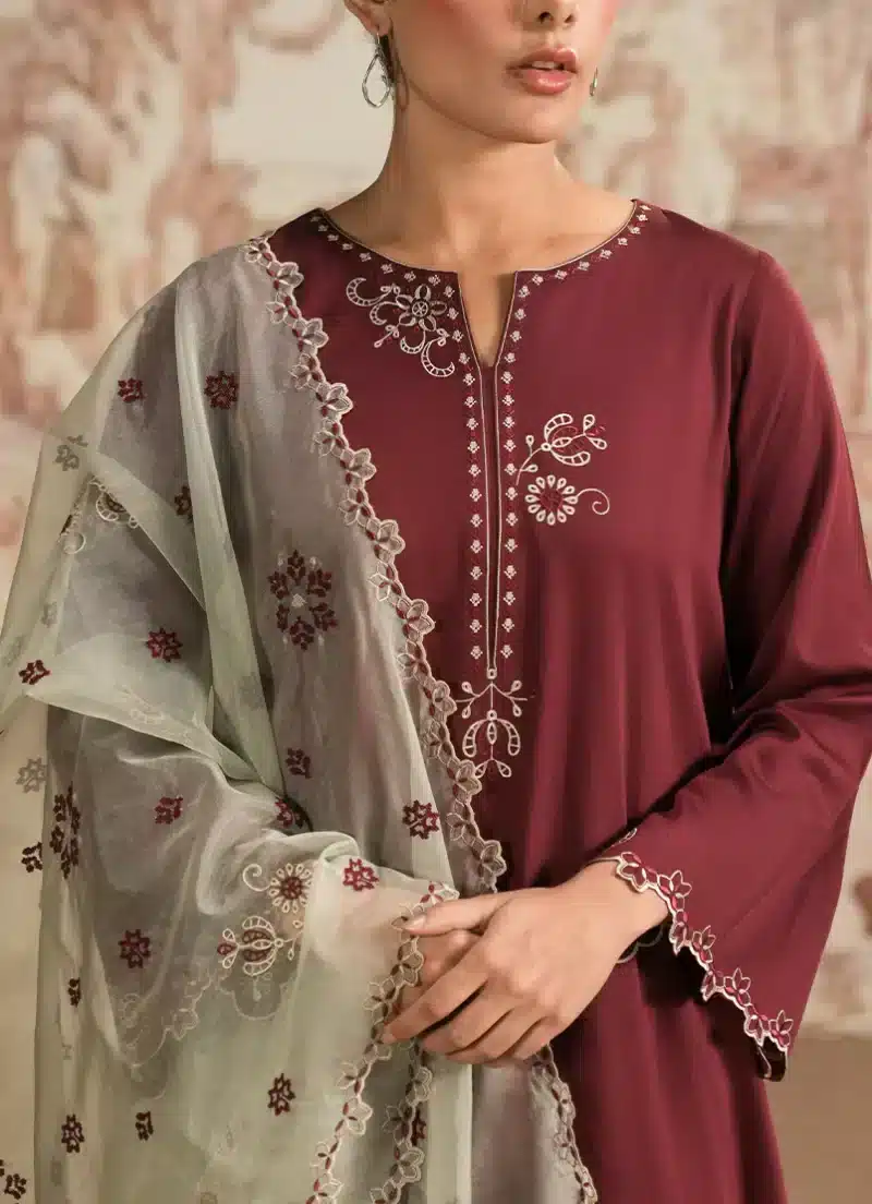 Image | Spring Pret '25 | Cotton Satin | Wine | Luxury Embroidered Suit | 3 pc - Image 3
