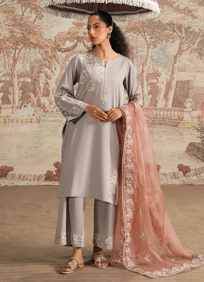 Image | Spring Pret '25 | Cotton Satin | Grey | Luxury Embroidered Suit | 3 pc