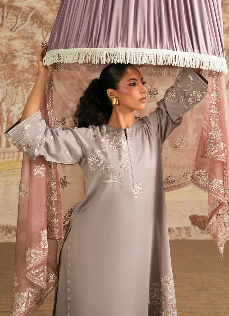Image | Spring Pret '25 | Cotton Satin | Grey | Luxury Embroidered Suit | 3 pc - Image 2