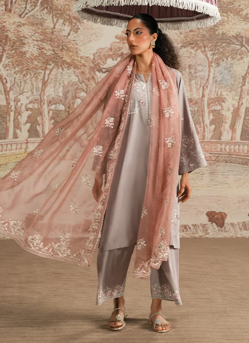 Image | Spring Pret '25 | Cotton Satin | Grey | Luxury Embroidered Suit | 3 pc - Image 3