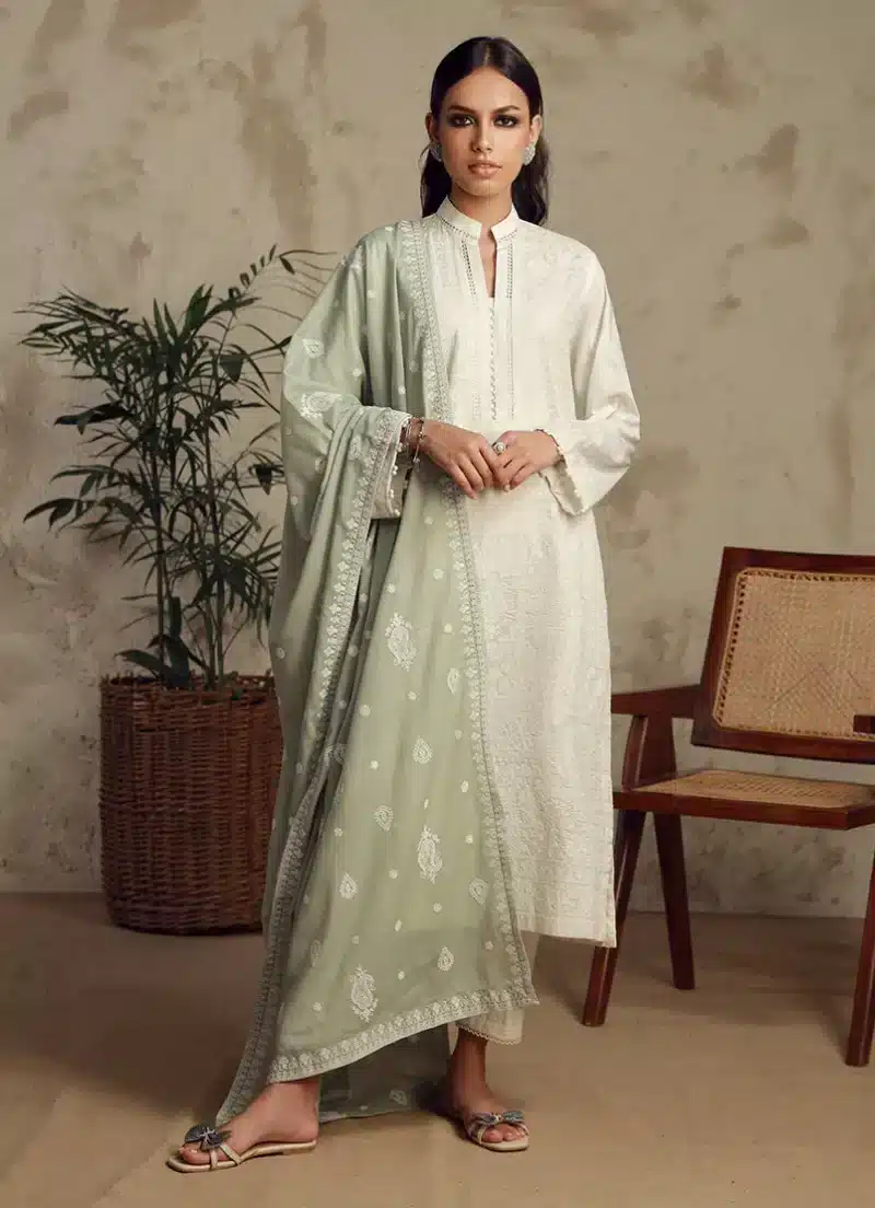 Image | Spring Pret '25 | Cotton | White Sage Green | Embroidered Suit | 3 pc