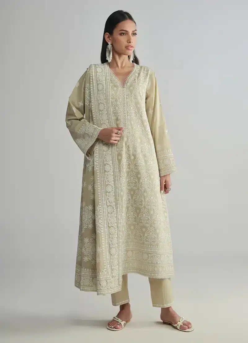 Image | Spring Pret '25 | Pure Cotton | Beige | Embroidered Suit | 3 pc