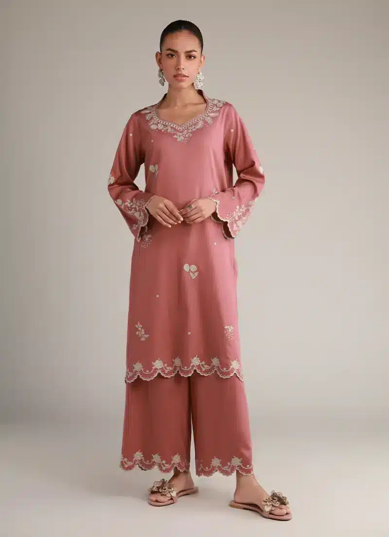 Image | Winter Pret '25 | Cotton Satin | Coral Peach | Embroidered Co-Ord Set | 2 pc