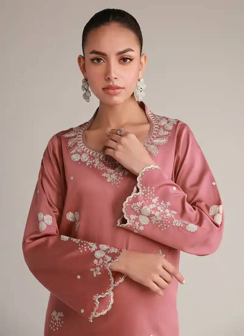 Image | Winter Pret '25 | Cotton Satin | Coral Peach | Embroidered Co-Ord Set | 2 pc - Image 2