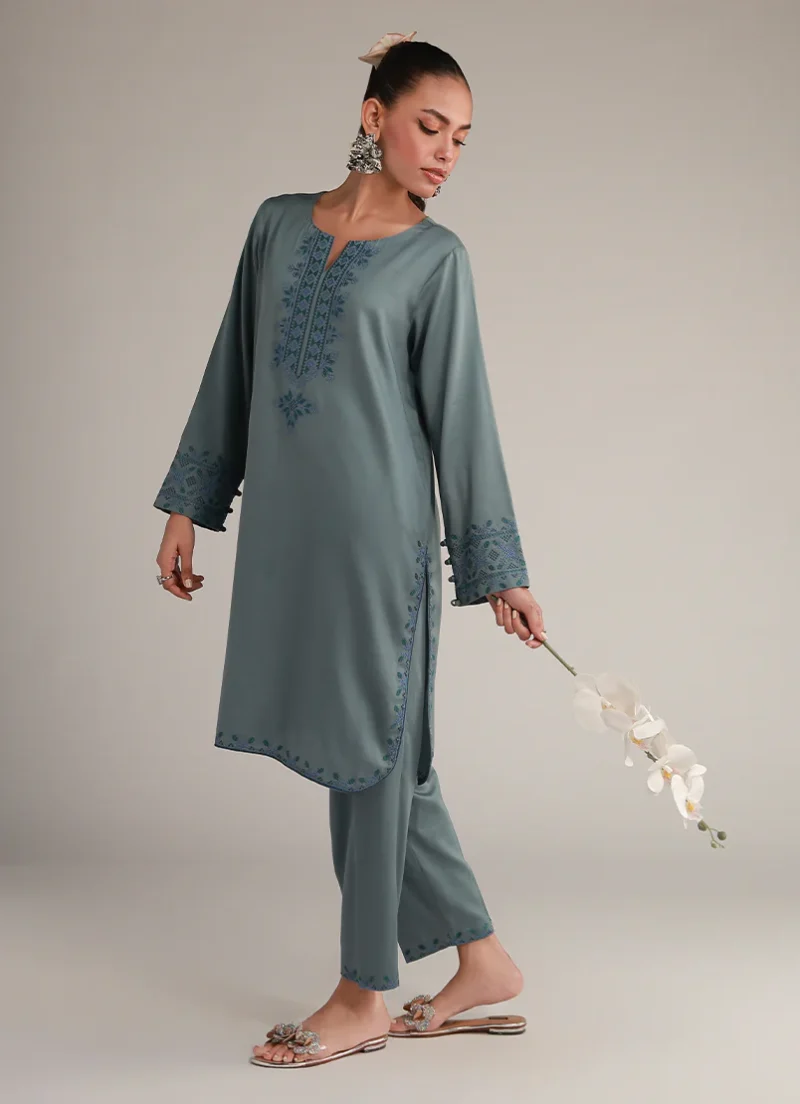 Image | Winter Pret '25 | Cotton Satin | Teal | Embroidered Co-Ord Set | 2 pc