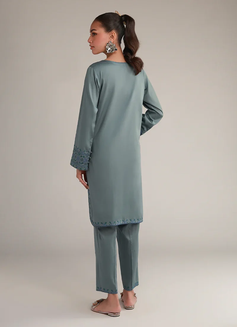 Image | Winter Pret '25 | Cotton Satin | Teal | Embroidered Co-Ord Set | 2 pc - Image 2