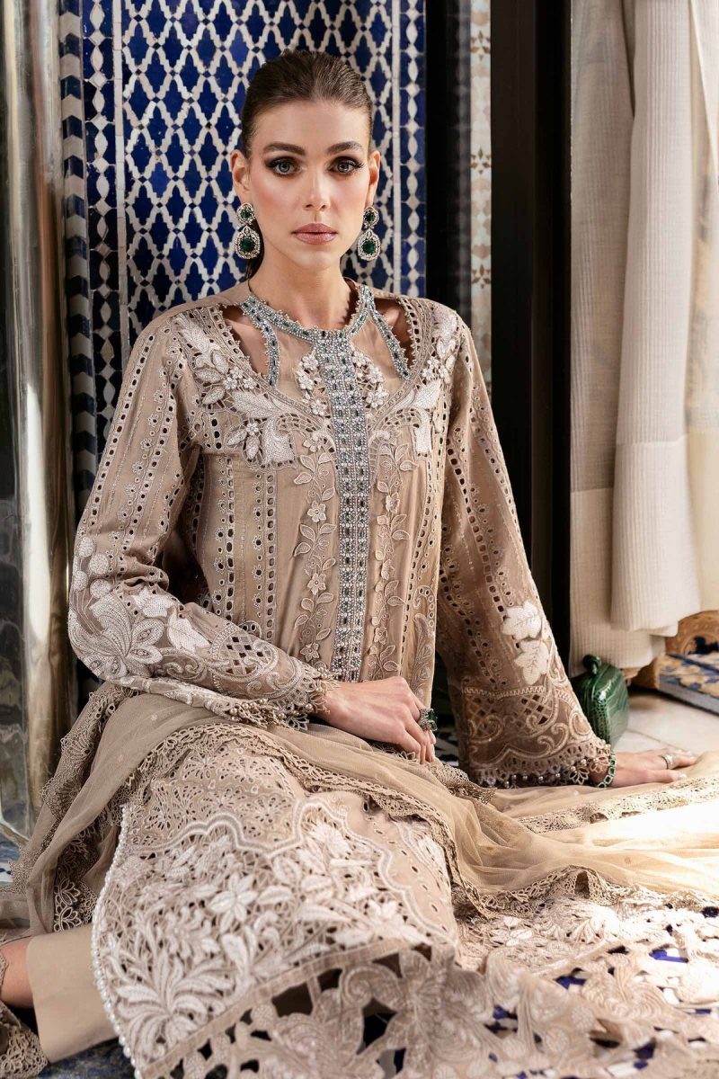 Maria.b | Luxury Lawn | Cofee | Unstitched | Embroidered Net Suit | 3 Piece - Image 3