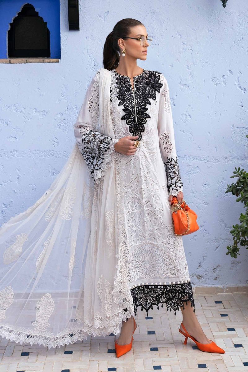 Maria.b | Luxury Lawn | Navy Blue | Unstitched | Embroidered Net Suit | 3 Piece